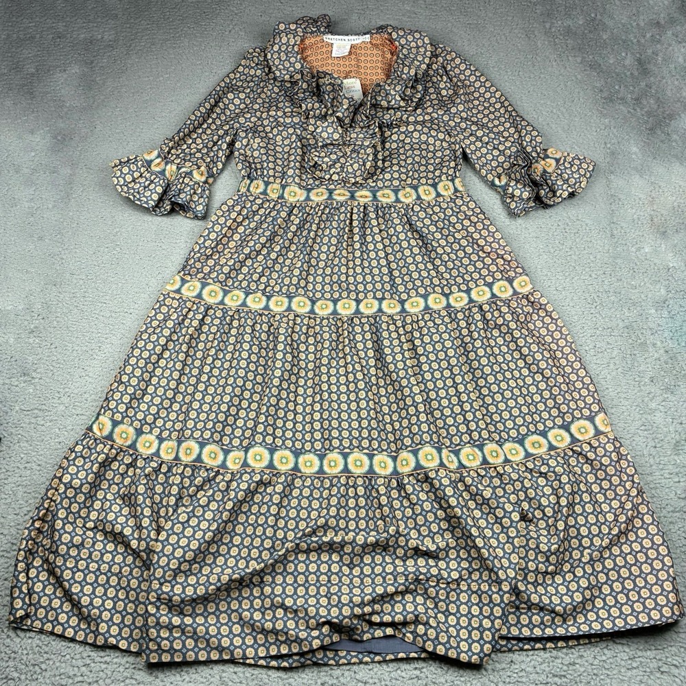 Gretchen Scott Tiered Maxi Dress Ruffle Collar Blue Orange Print Women's Large